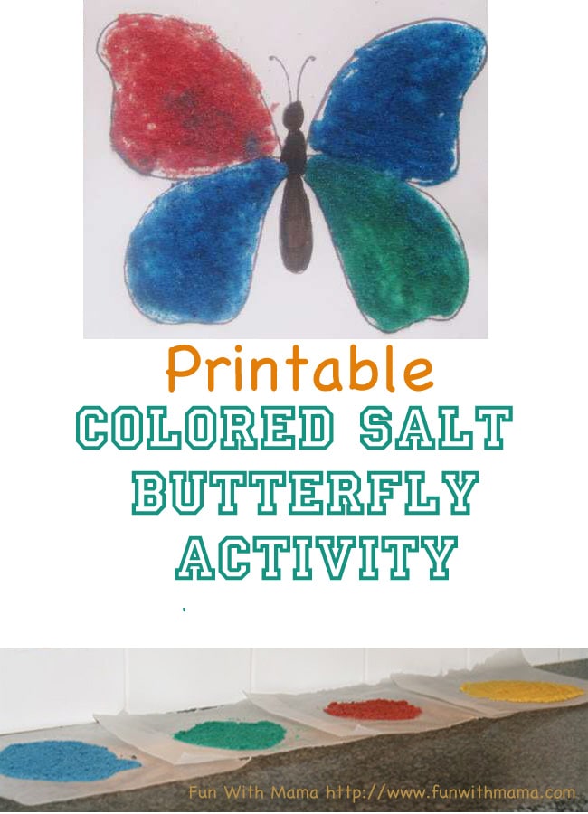 Here is a butterfly themed colored salt printable activity that is fun for kids to use their colored salt or glitter 