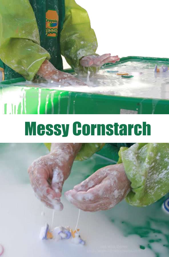 Messy cornstarch is a wonderful activity for a baby, a toddler and older kids who love messy play. It is a wonderful edible sensory experience.