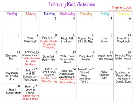 february kids activities calendar and curriculum of a schedule of our activities for my toddler and elementary aged kids art and craft projects