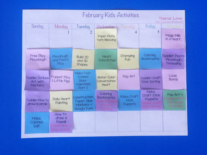 February kids activities calendar and curriculum of a schedule of our activities for my toddler and elementary aged kids art and craft projects