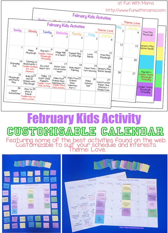 February kids activities calendar and curriculum of a schedule of our activities for my toddler and elementary aged kids art and craft projects