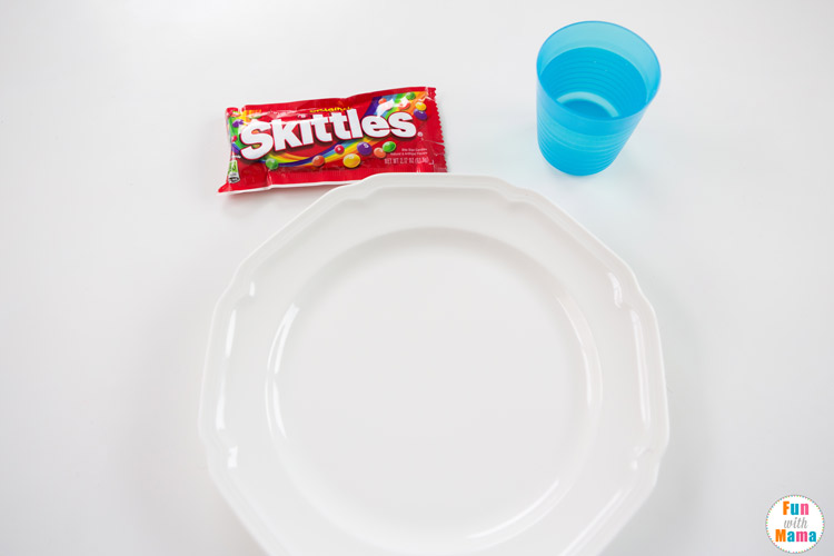 white plate and a skittles packet