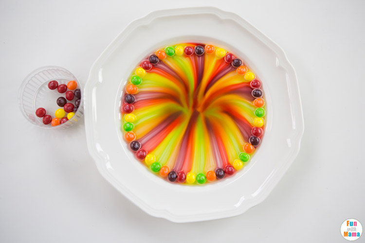 Skittles rainbow in a plate with rainbow colors