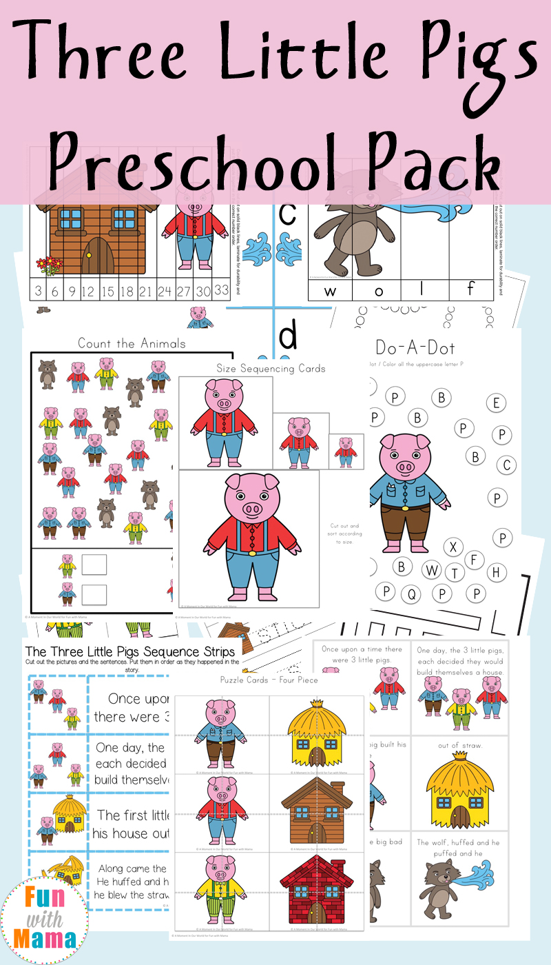 Printable Three Little Pigs Activity pack for preschool and kindergarten kids including math, retelling story cards, sequencing, patterning, and more!