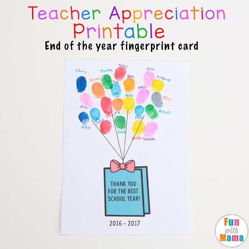 Printable End of the Year Teacher Appreciation Gift Fingerprint Fun