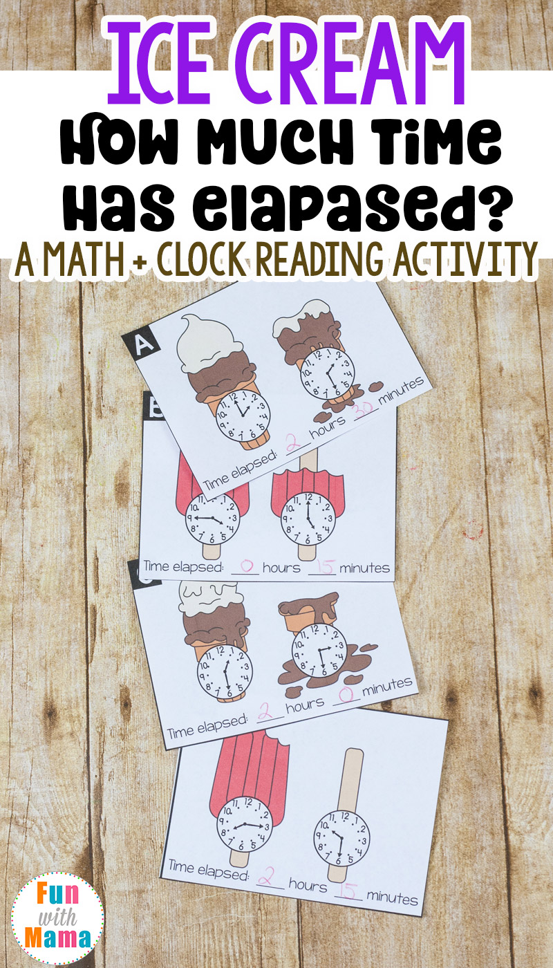 These fun elapsed time cards will help your kids practice telling time and figuring out how much time has passed. Each ice cream cone and popsicle stick is melting! How much time did it take?