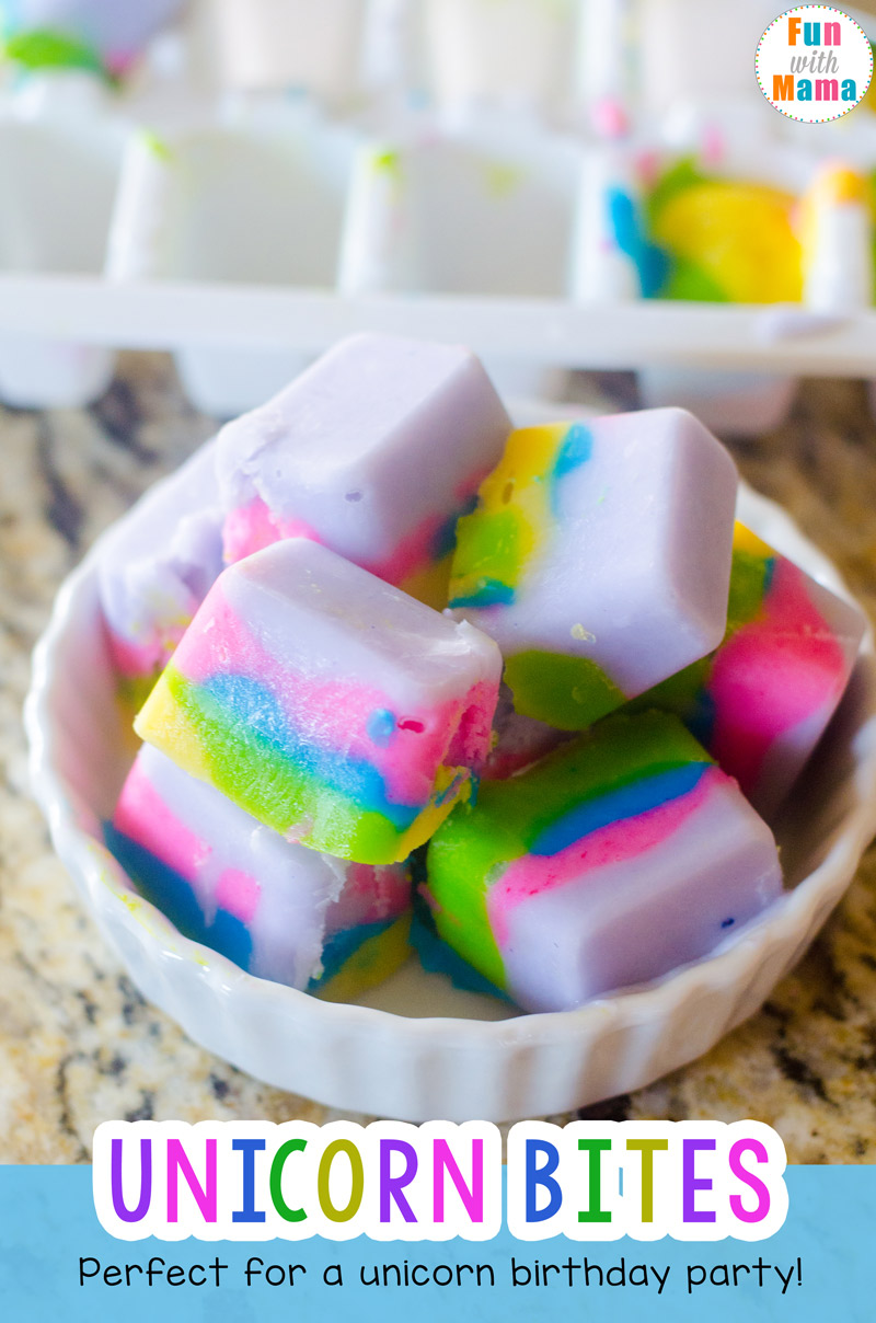 DIY unicorn food recipe for unicorn bites, snack idea for kids, desserts, unicorn birthday party ideas,