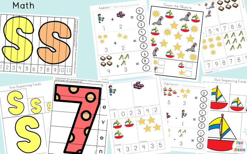 Simple Math Free Printables For Kids. Perfect for preschool or kindergarten level children who are also learning about the letter S. 