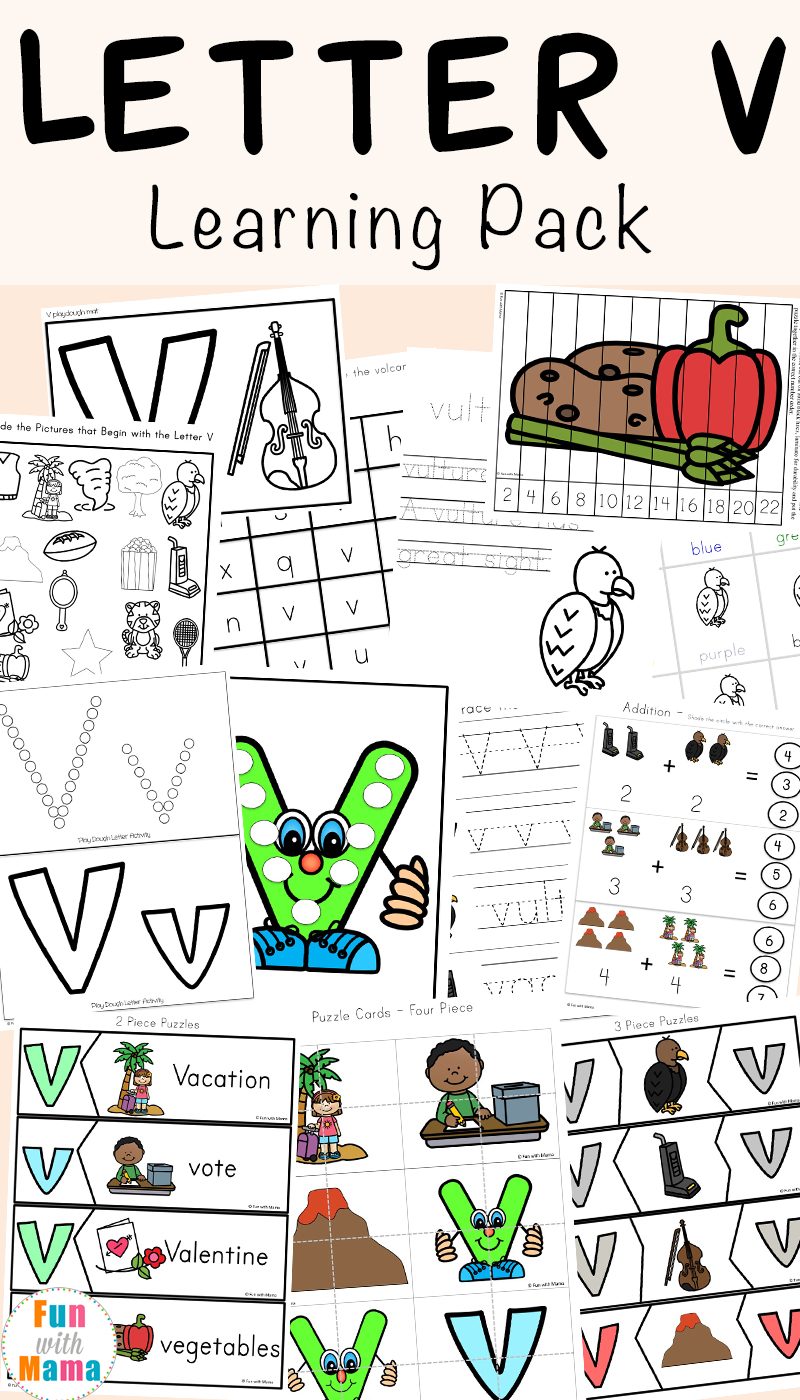 Letter V Worksheets for preschool and kindergarten pack includes: Printable activities, worksheets and games to help children practice concepts like simple math, letter recognition, prewriting and hand writing as well as fine motor skills. 