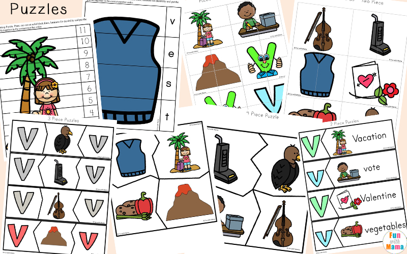 Fun printable puzzles with the letter V. 