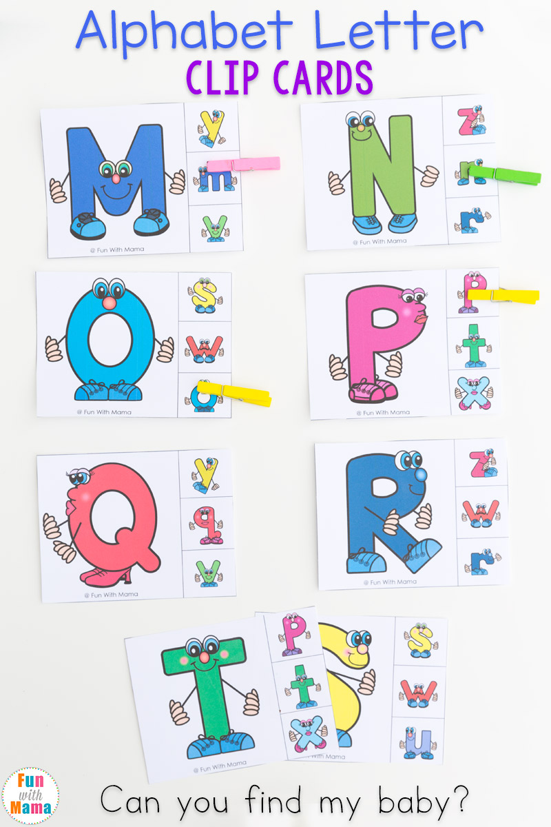 FREE Printable Alphabet letter matching clip cards. Toddlers and preschoolers will match uppercase and lowercase letters, work on fine motor skills, visual recognition and colors.