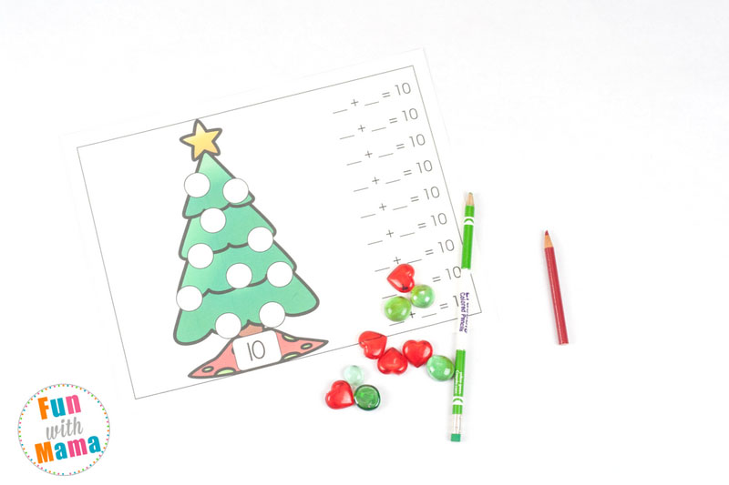 Math practice can always be more fun with hands-on activities. These Christmas Tree Addition Mats are the perfect addition to any Christmas themed math lesson! Use two colors of gems or small objects to practice adding up to numbers 2 to 10!