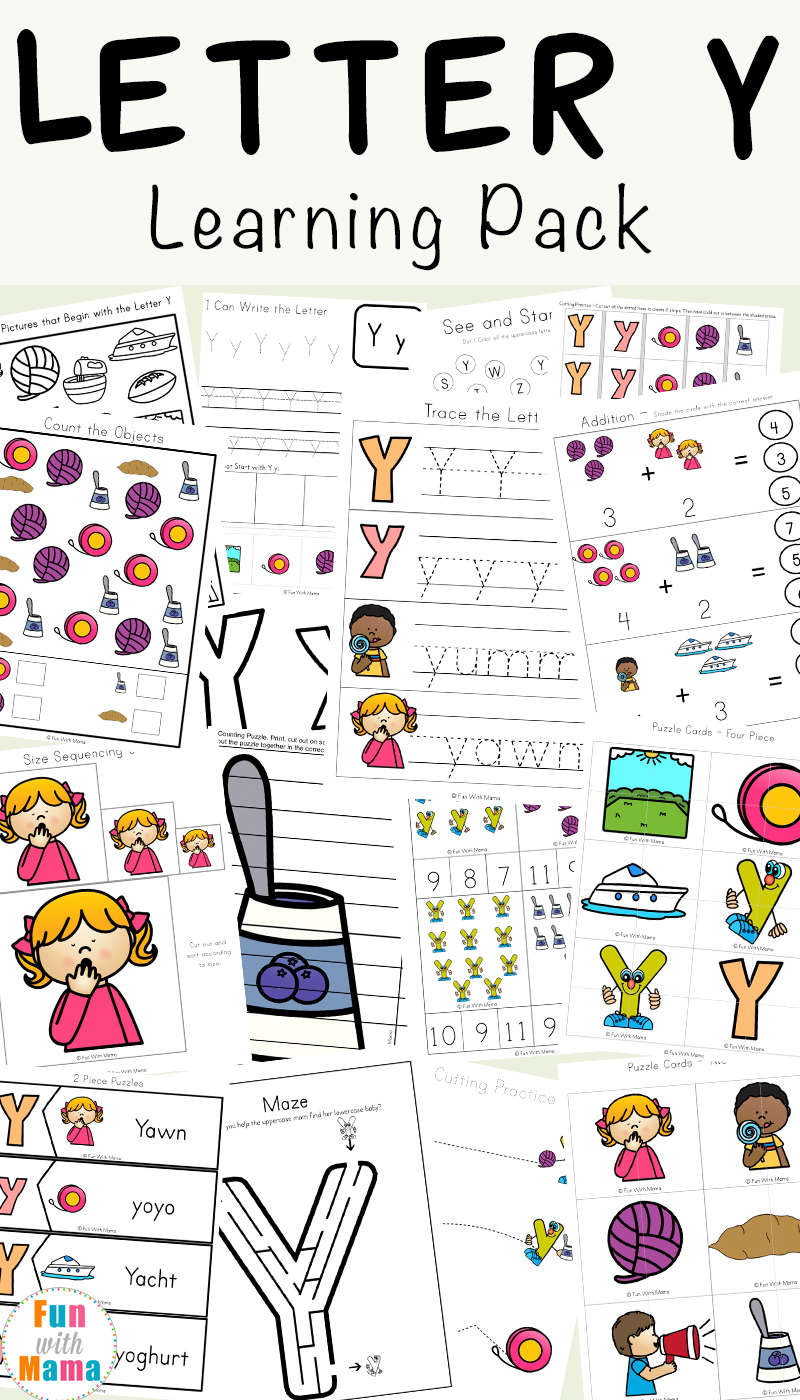 Free letter y worksheets for preschoolers, kindergarteners and toddlers. The activity pack includes coloring pages, play dough mats, fine motor activities, see and stamp, cut and paste and more letter y themed activities.