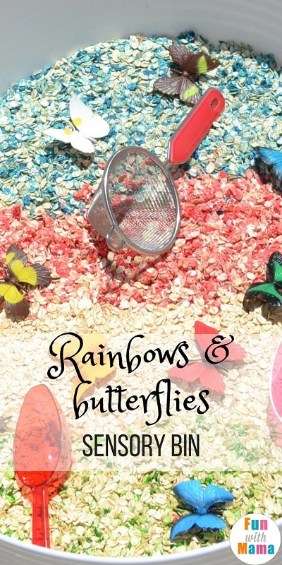 rainbows and butterflies sensory bin 