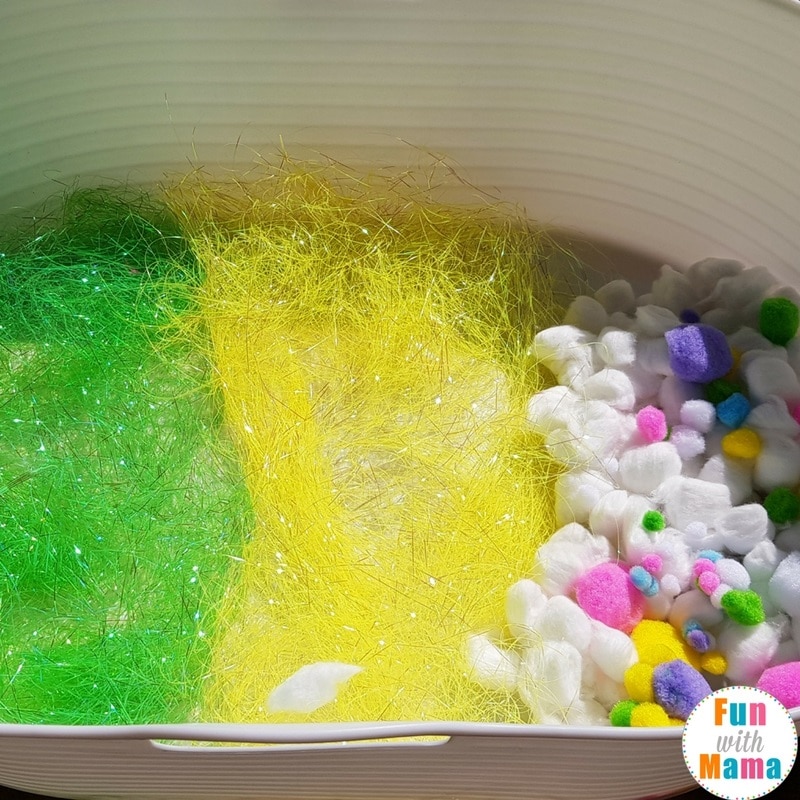 easter sensory bin setting up 