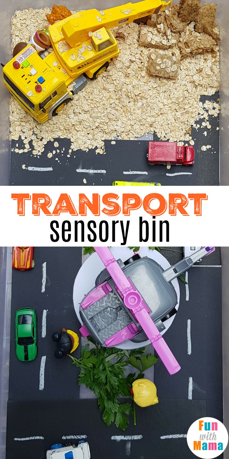 easy transport sensory bin. A great car, truck and construction themed sensory bin - perfect for sensory play for toddlers and preschoolers. #sensorybin 