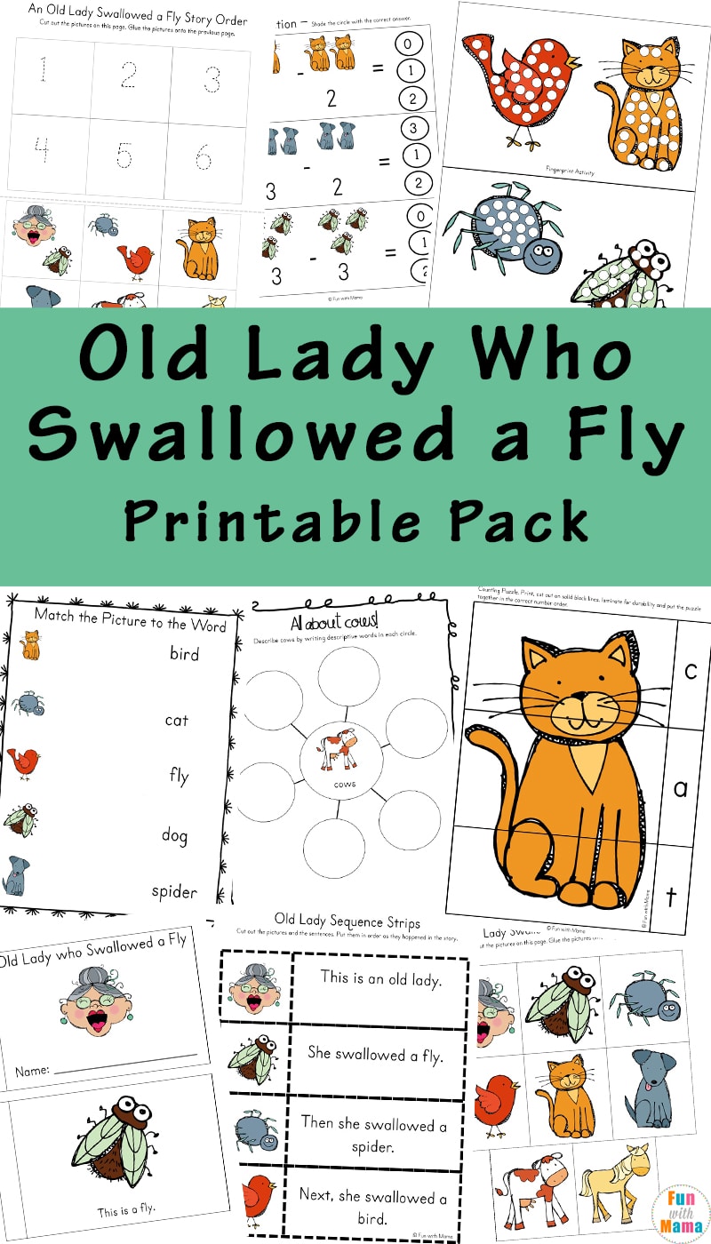 If your kids love the book series There Was An Old Woman Who Swallowed A Fly, they will love this themed printable learning pack! 