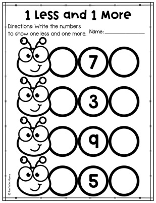 5 math worksheet 1 less and 1 more