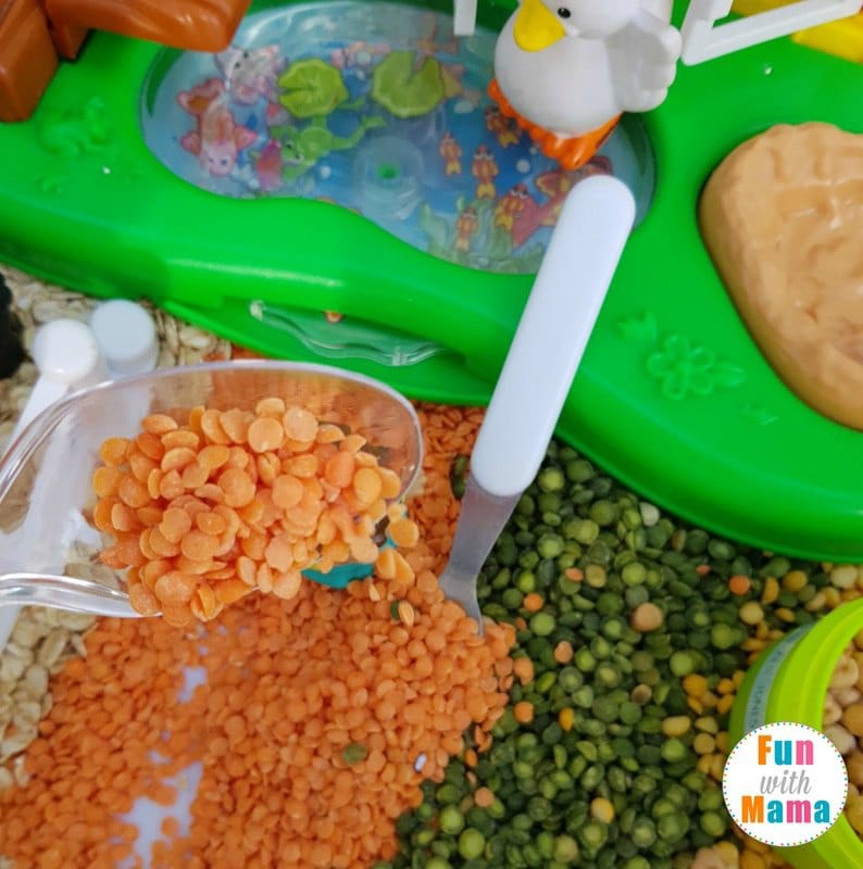 farm sensory bin scooping