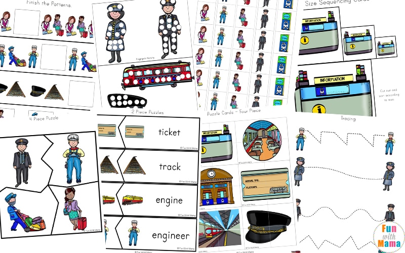pages of train activities for children including puzzles, tracing, and sequencing activities.