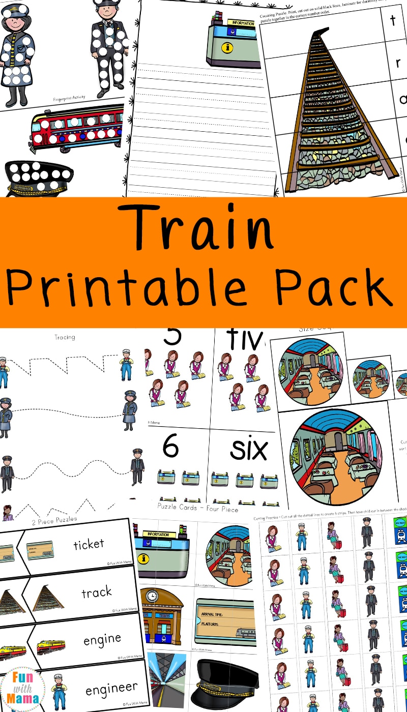 Pages from the train kids printable pack for early learners 