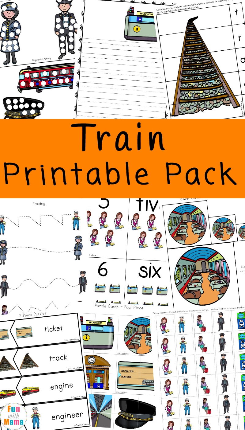 Pages from the train kids printable pack for early learners