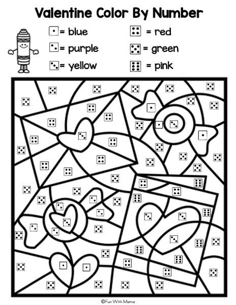 Valentine's Day color by number worksheet with dice