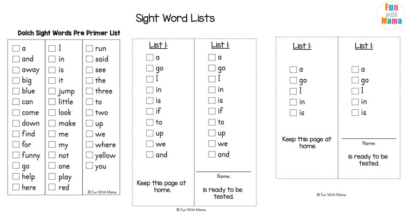  sight words list for Pre K
