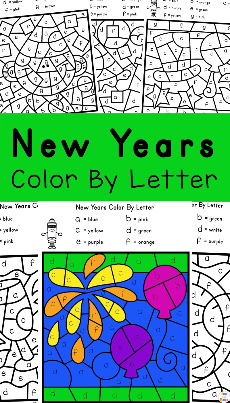 New Years color by letter worksheets 