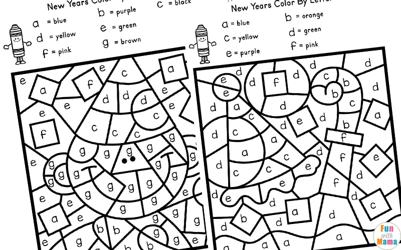 New Years color by letter worksheets 