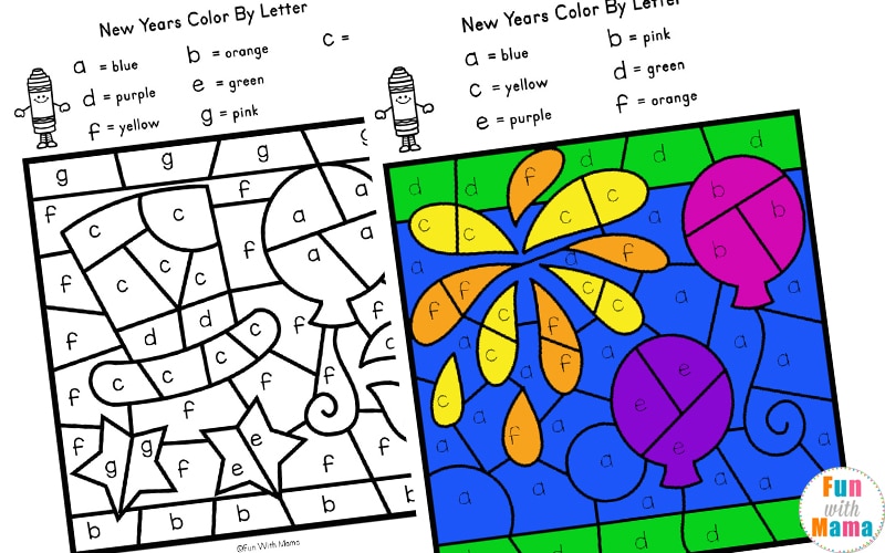 New Years color by letter worksheets 