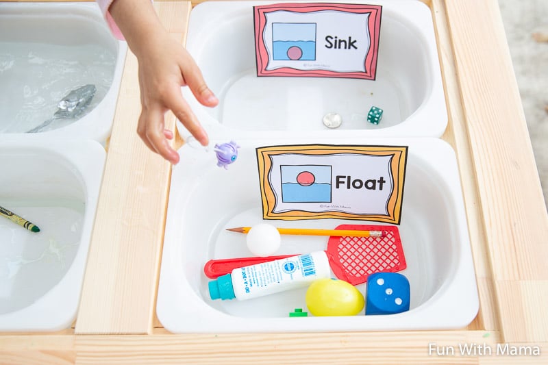 items that float include dot markers, plastic egg, pencil