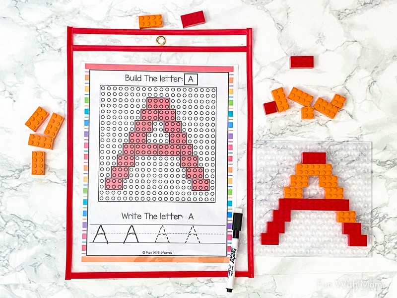writing and building the letter A using lego letters