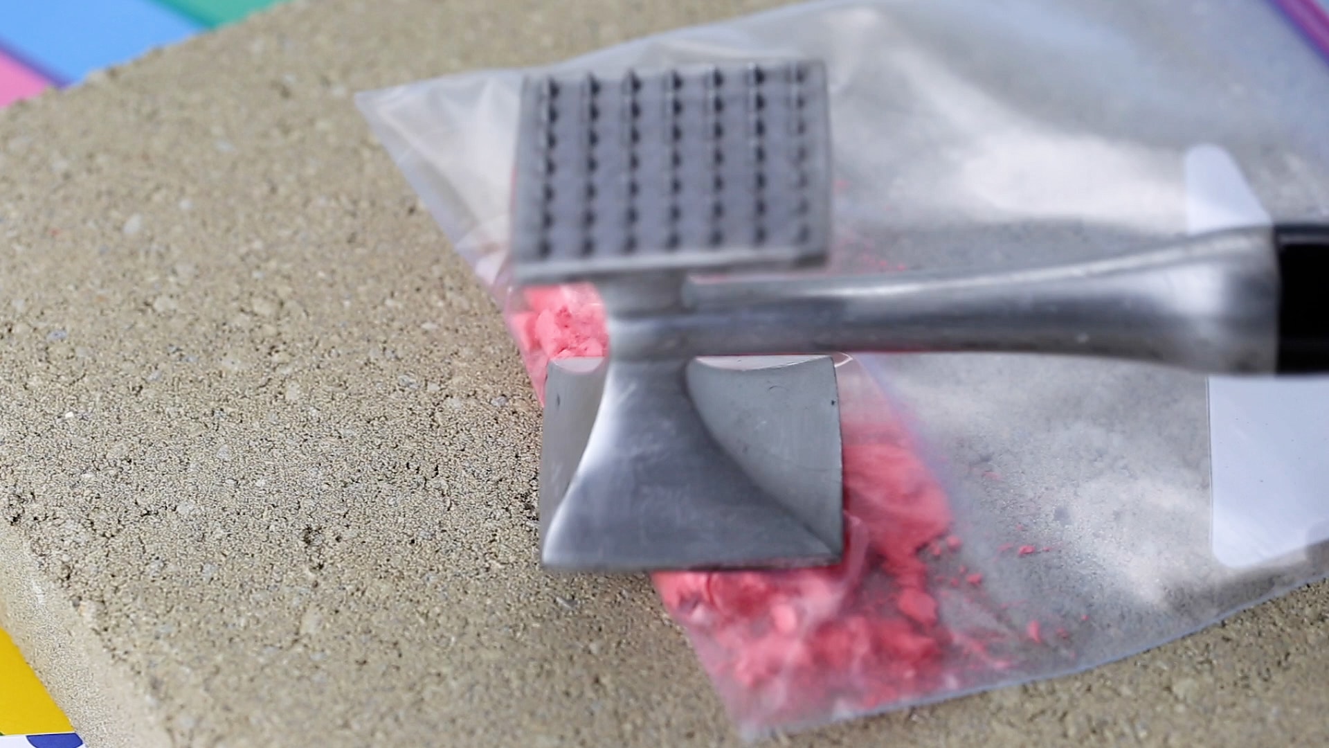 mashing up chalk in bags