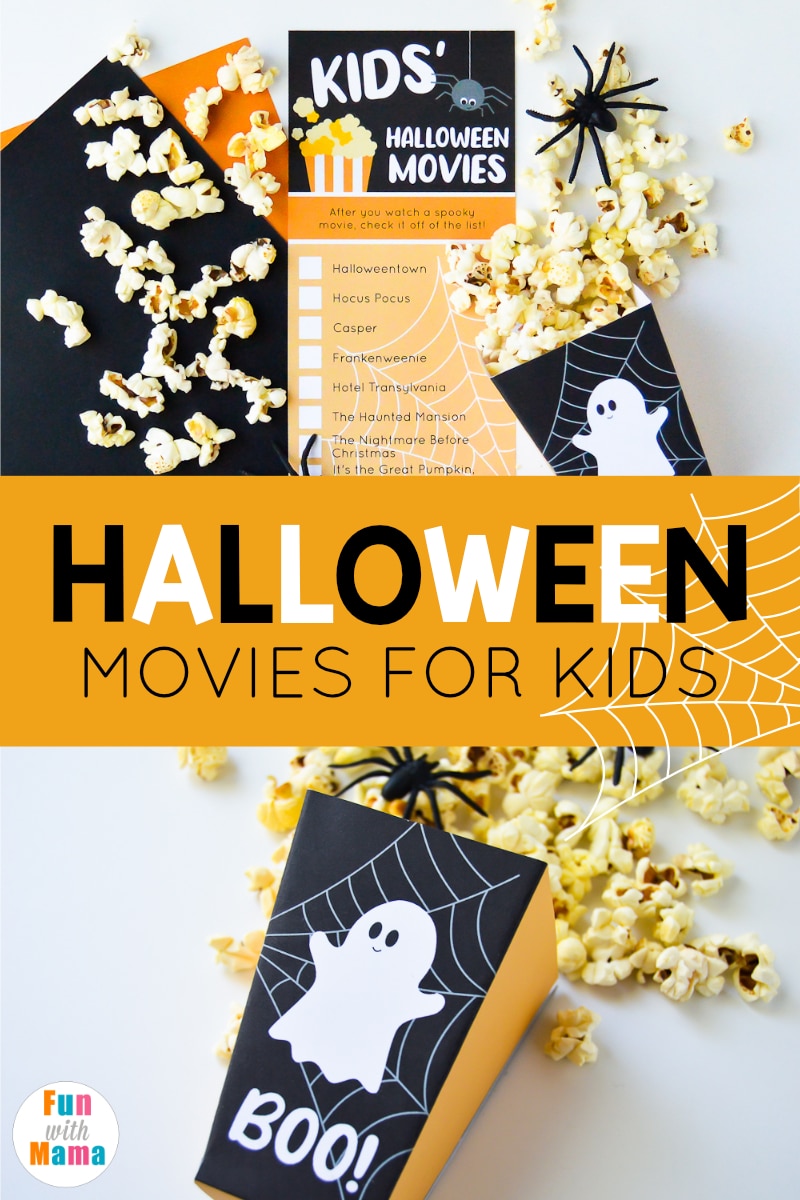 A printable list of Halloween kids movies and a fun Halloween treat box.