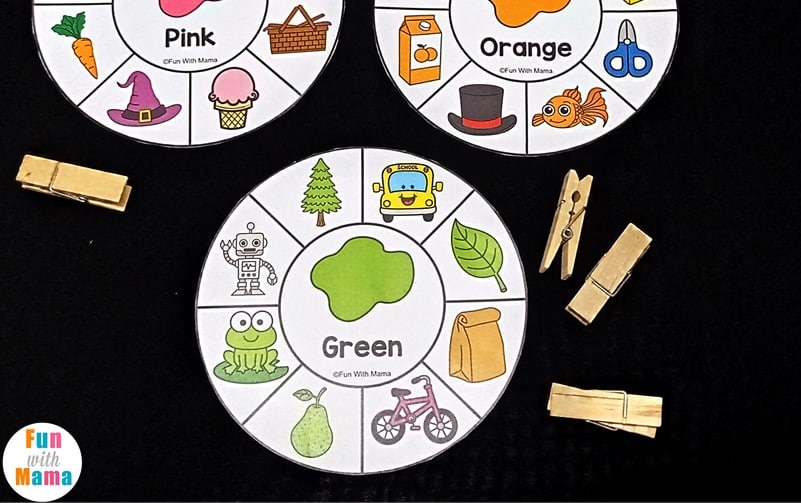 clip cards with clothespins to teach kids to match colors