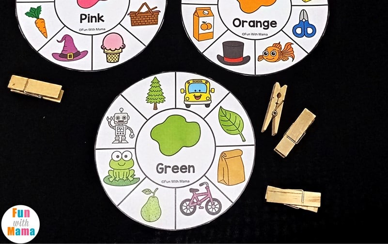 clip cards with clothespins to teach kids to match colors 