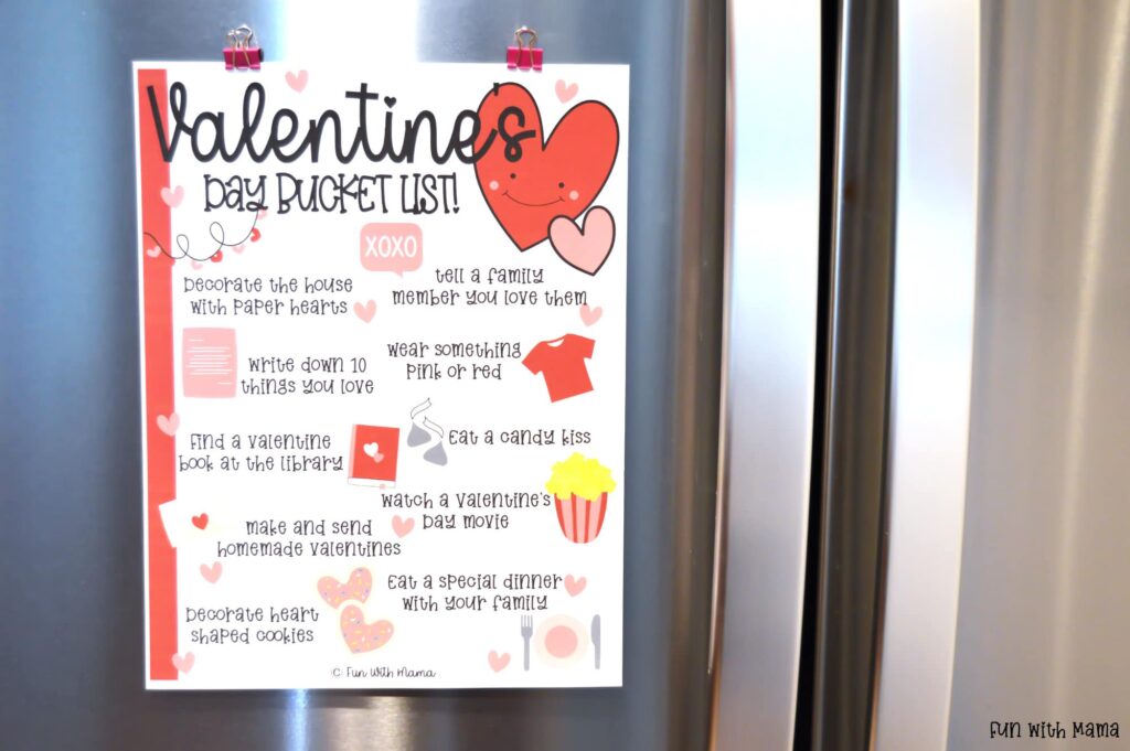 valentine's day bucket list printable hanging on the fridge