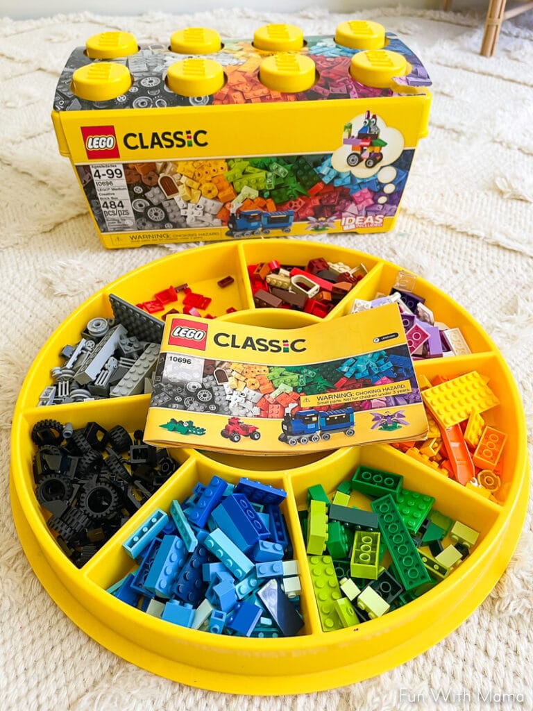 classic legos in a lego tray 