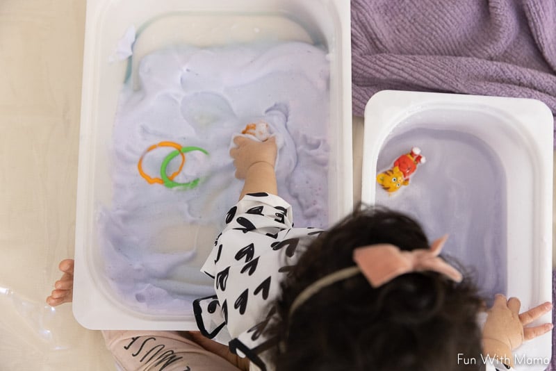 sensory play with foam in bins 