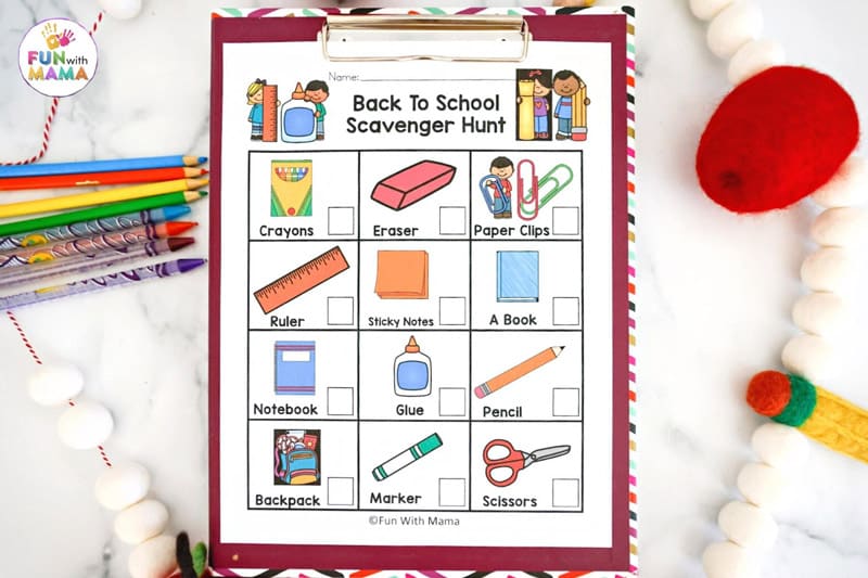colored back to school printable scavenger hunt on a clipboard