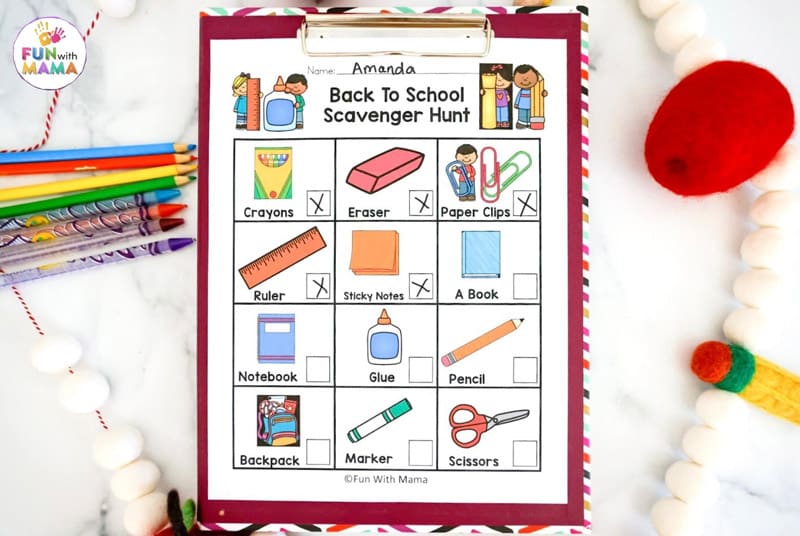 back to school printable on a clipboard 
