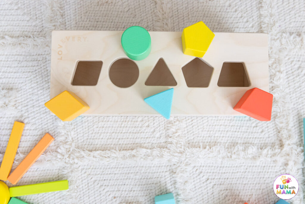 wooden shapes and wooden box