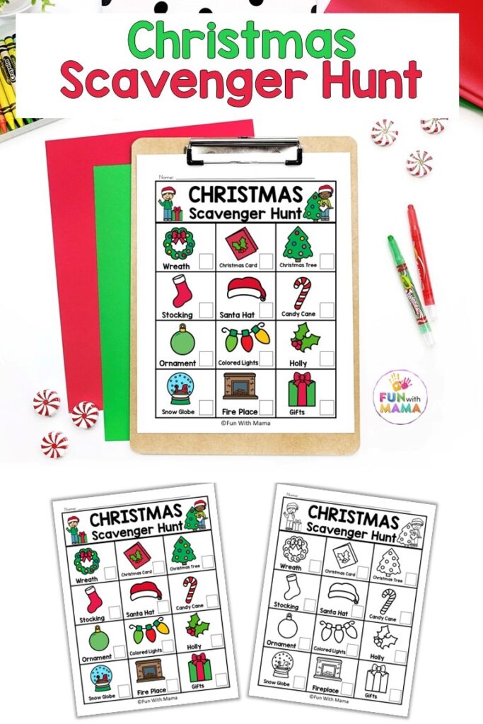 pin image that reads Christmas Scavenger Hunt with copies of the scavenger hunt printable in color and black and white