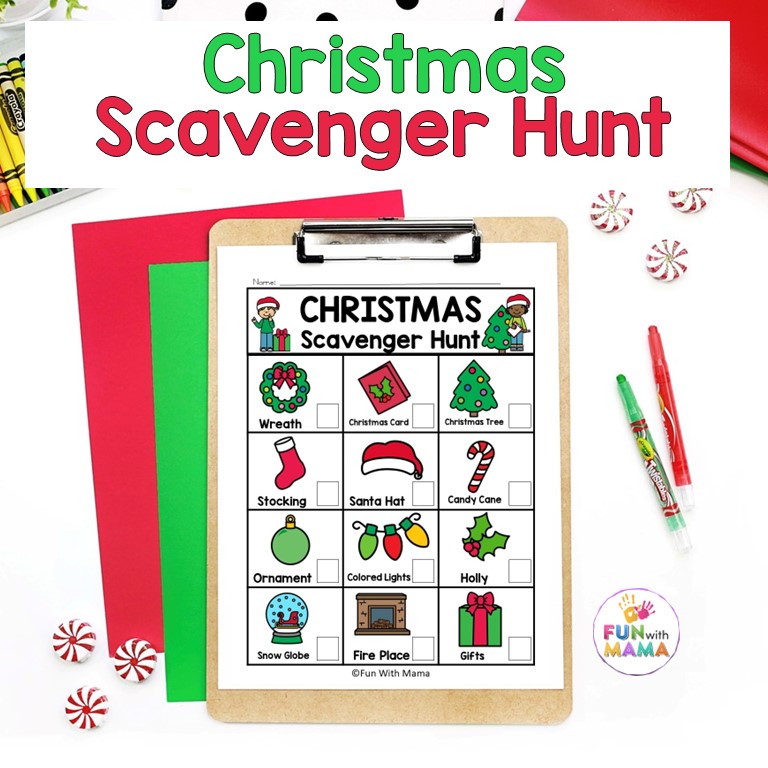 pin image that reads Christmas scavenger hunt with a picture of the printed scavenger hunt on a clipboard