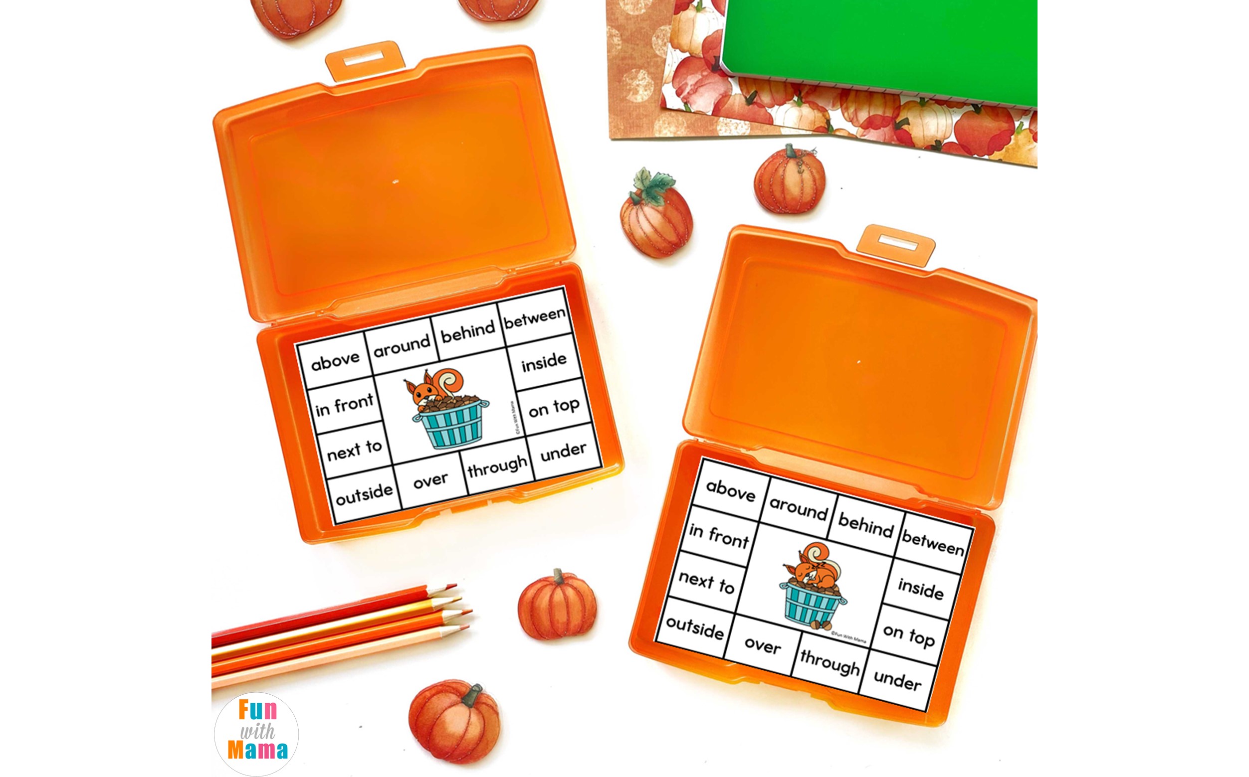 Fall Prepositions Printable Activity printable clip cards for fall letter learning