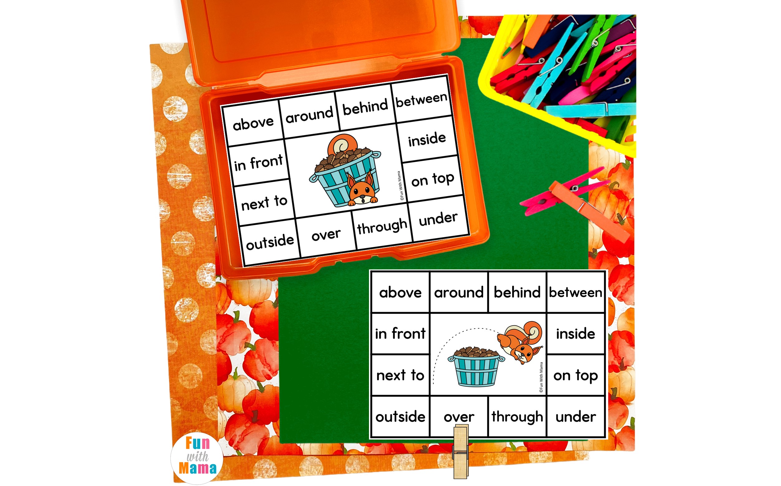 clip cards for kids to learn prepositions 