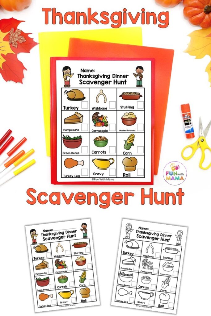 Thanksgiving Scavenger Hunt For Kids. This thanksgiving dinner themed activity is perfect to help children identify the food for this meal and also feel apart of the dinner.