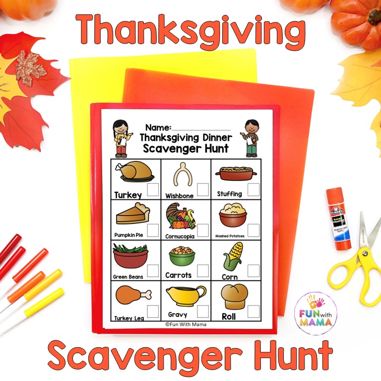 pictures of Thanksgiving dinner on a printable scavenger hunt for the kids to find