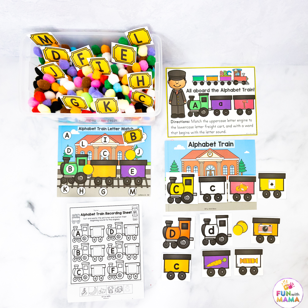 alphabet letter train activity pages with a rainbow themed sensory bin.